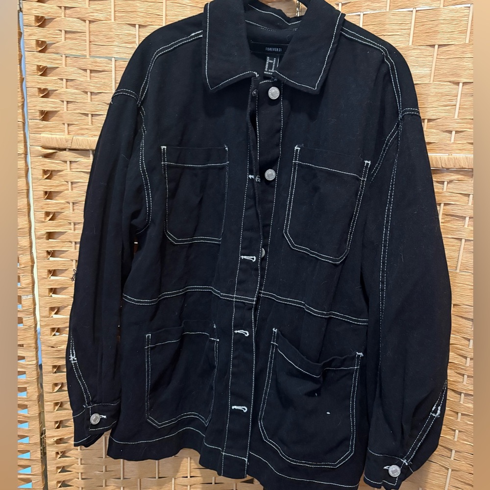 Black Contrast-Stitch Utility Jacket